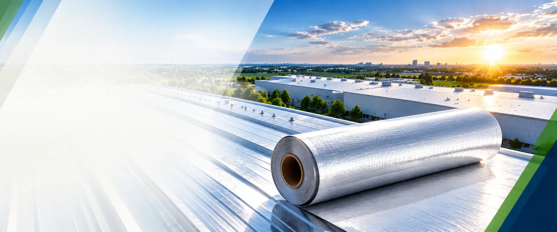 Reflective roofing membrane material on an industrial roof